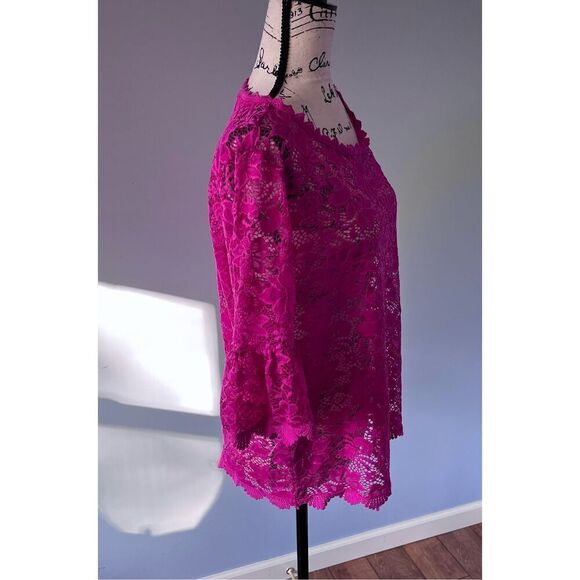 Bluheaven by Umgee Women’s Medium Pink Lace Short Sleeve Shirt Top - Picture 2 of 6